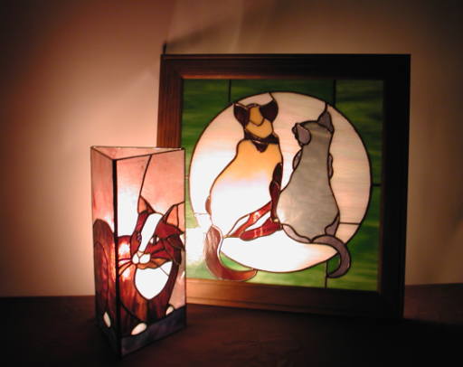 ステンドグラス　猫のランプとパネル　東京日本橋